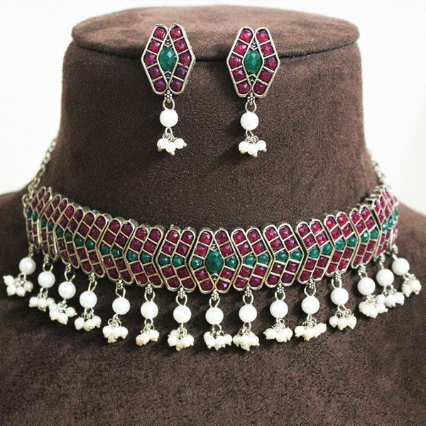 H K Fashion Oxidised Plated Pota Stone And Pearls Necklace Set