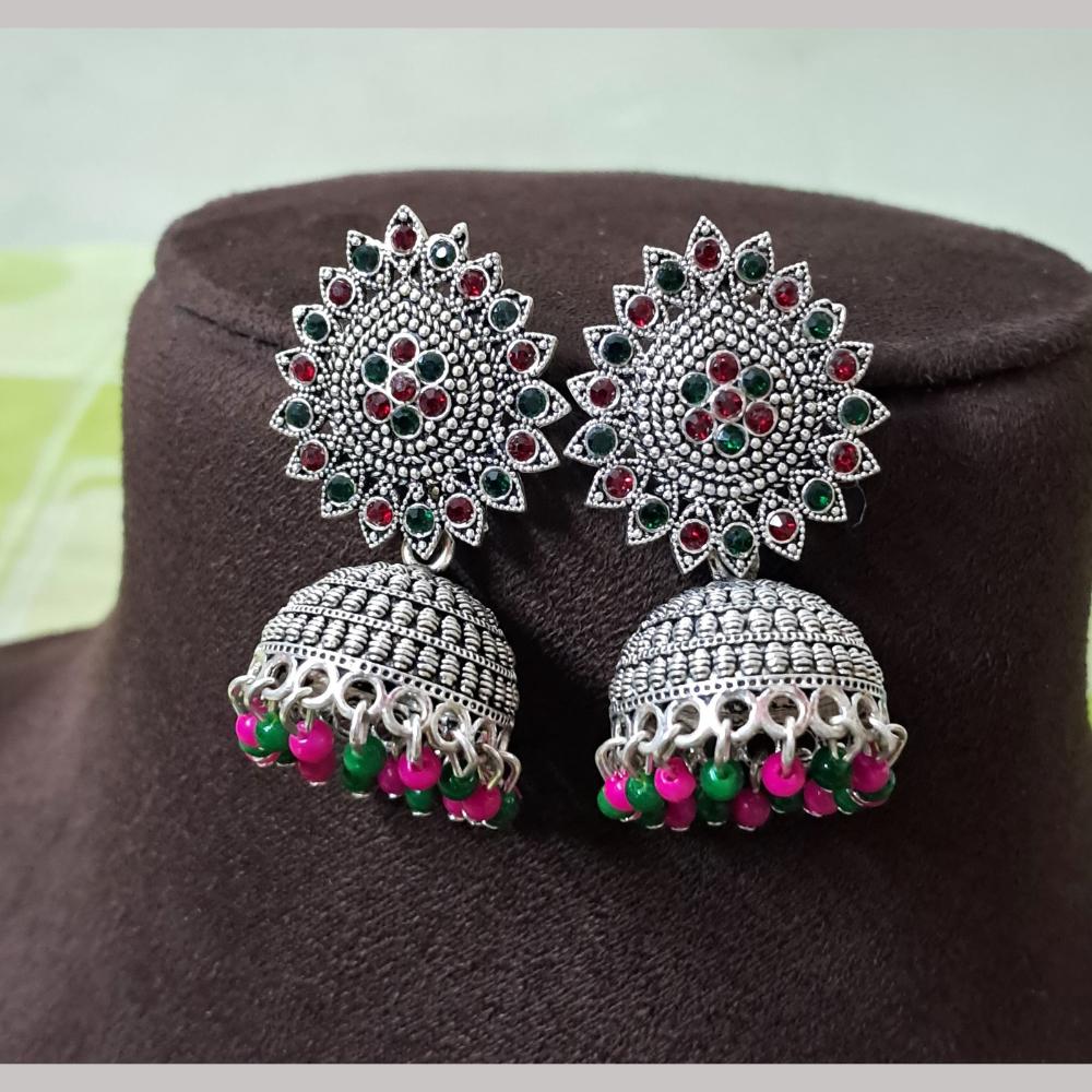 H K Fashion Oxidised Plated Austrian Stone And Beads Jhumki Earrings