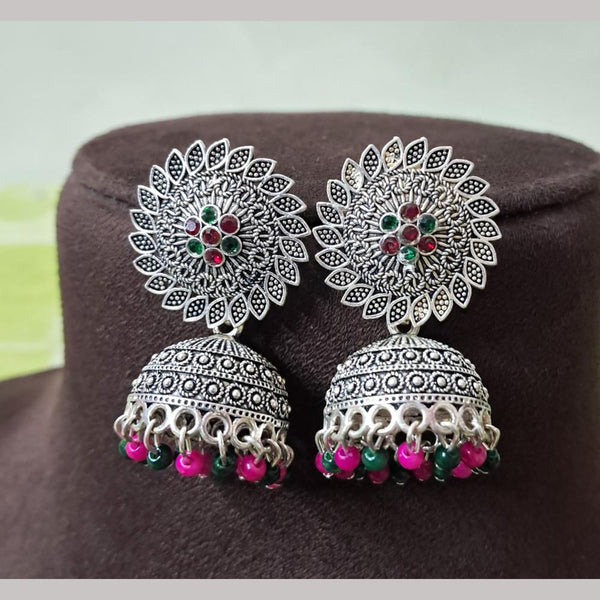 H K Fashion Oxidised Plated Austrian Stone And Beads Jhumki Earrings