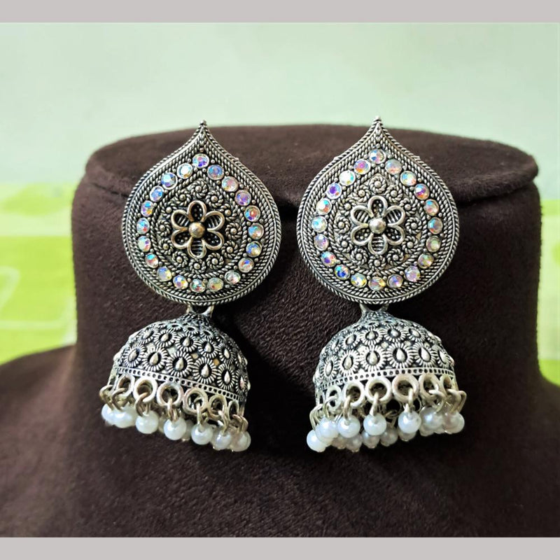 H K Fashion Oxidised Plated Austrian Stone And Beads Jhumki Earrings