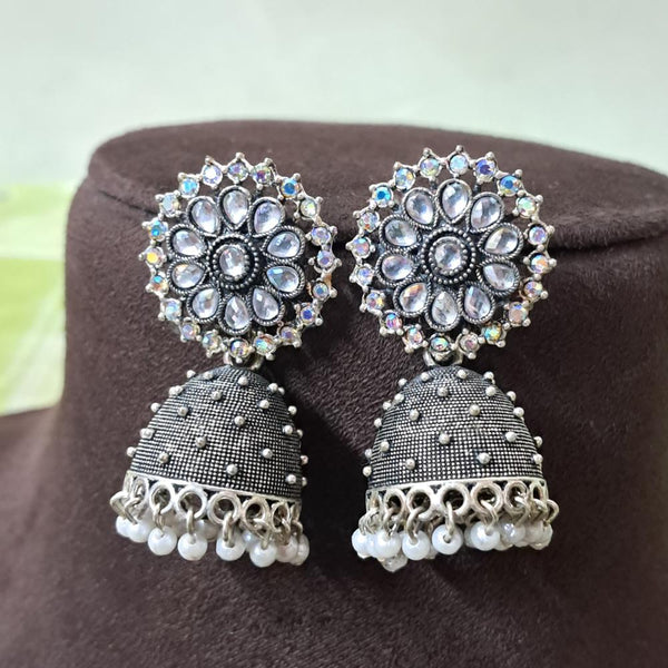 H K Fashion Oxidised Plated Austrian Stone And Beads Jhumki Earrings