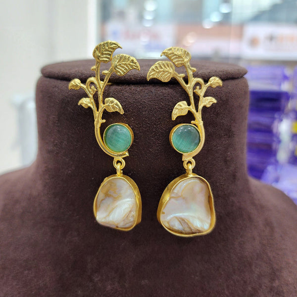 H K Fashion Gold Plated Pota Stone And Mother Of Pearls Dangler Earrings