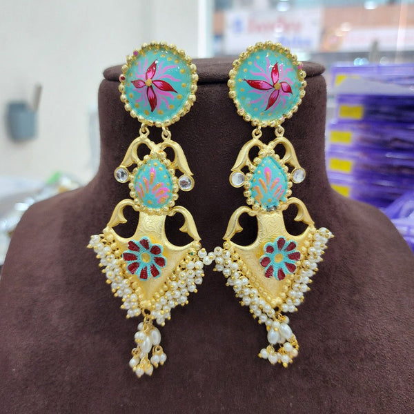 H K Fashion Gold Plated Pota Stone And Meenakari Dangler Earrings