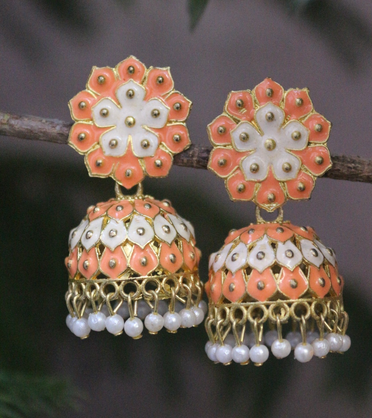 H K Fashion Gold Plated Pearls And Meenakari Jhumki Earrings