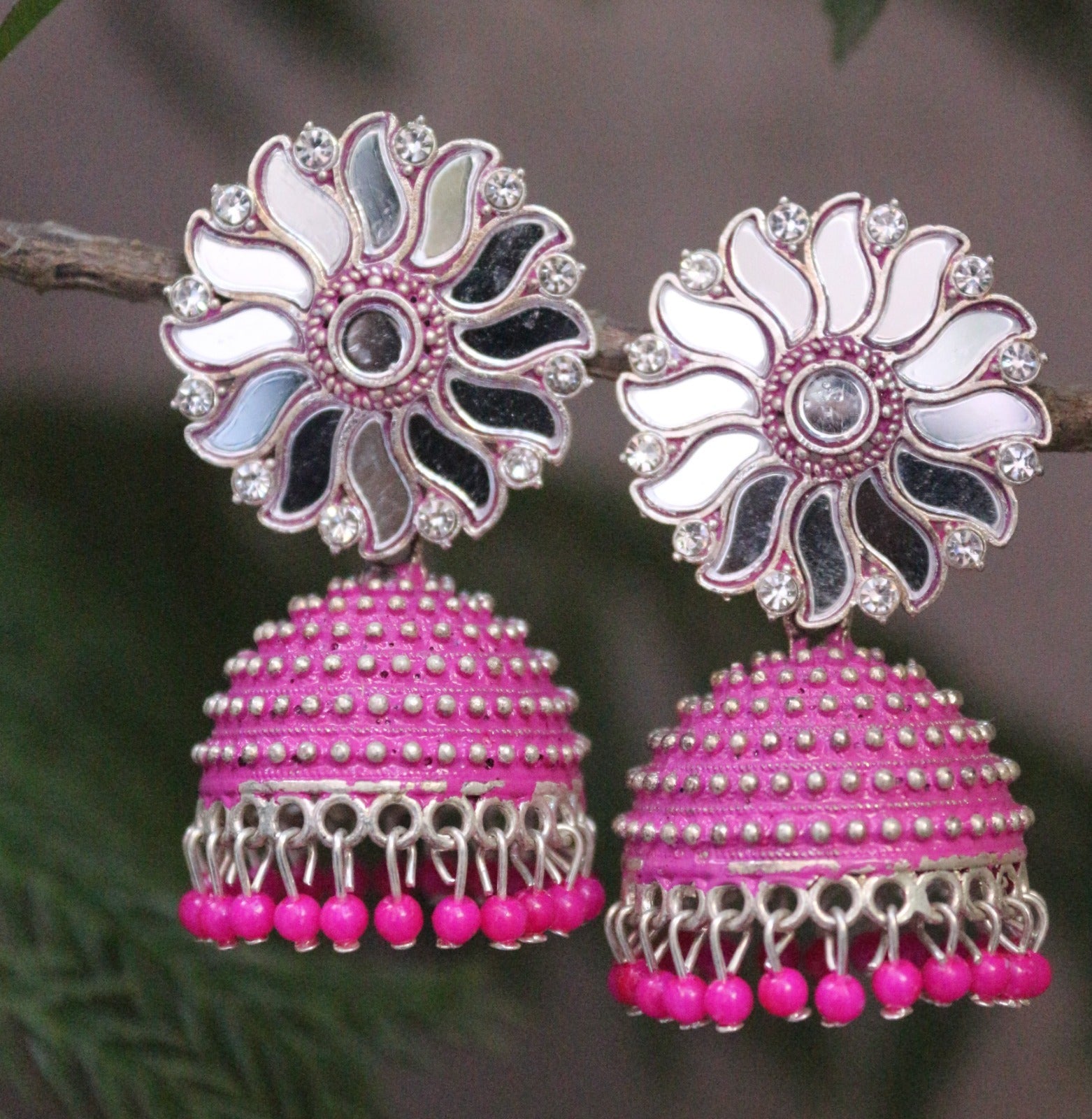 H K Fashion Silver Plated Mirror And Pearls Jhumki Earrings