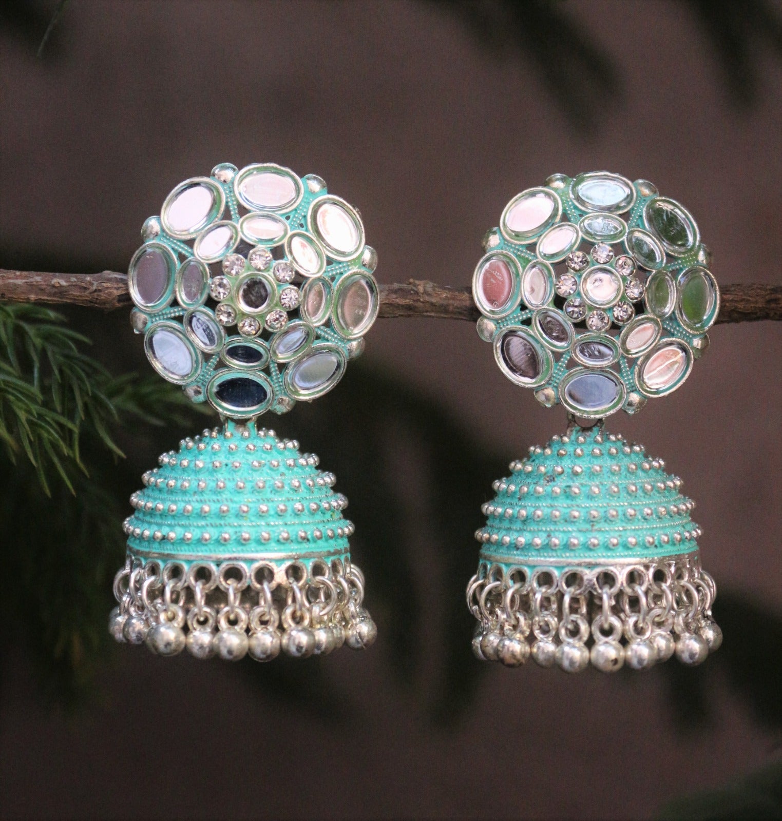 H K Fashion Silver Plated Mirror And Pearls Jhumki Earrings