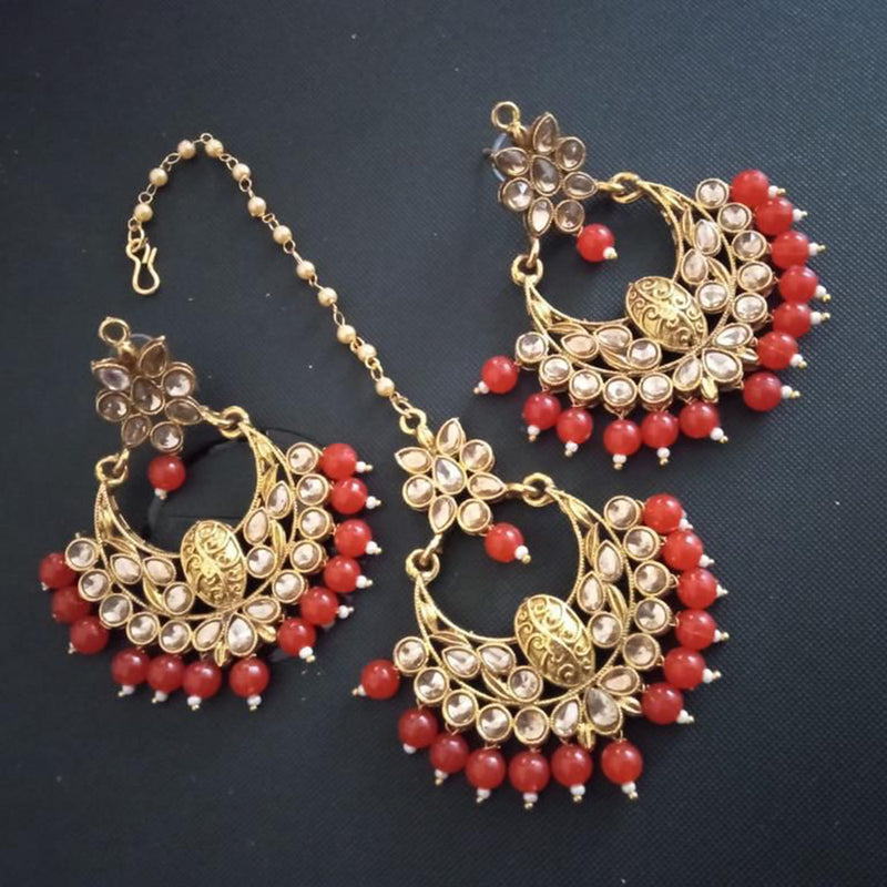 India Art Gold Plated Kundan Stone Earrings With Mangtikka