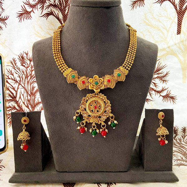 India Art Gold Plated Pota Stone And Beads Necklace Set