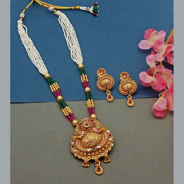 India Art Gold Plated Pota Stone And Pearl Long Necklace Set