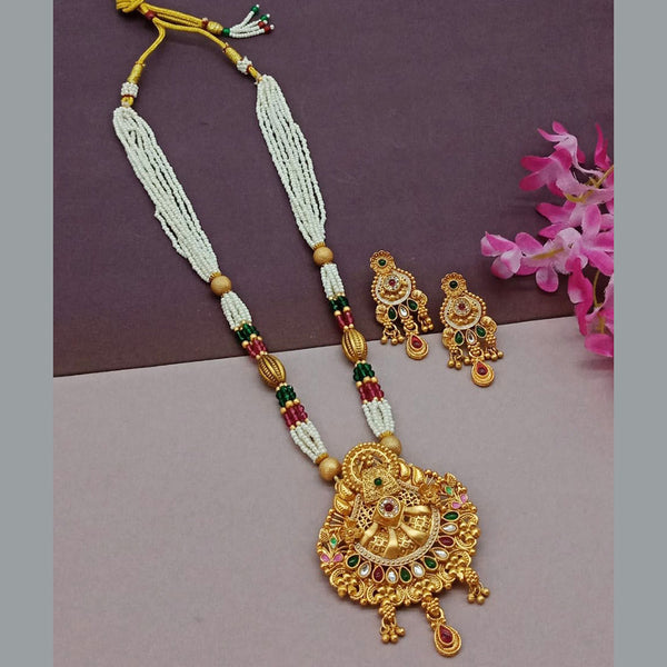 India Art Gold Plated Pota Stone And Pearl Long Necklace Set