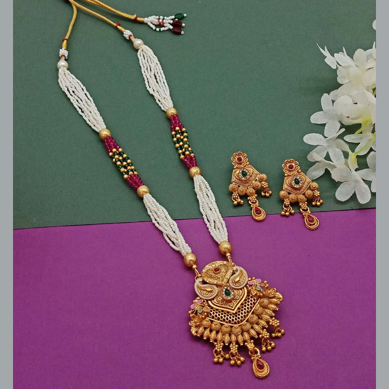 India Art Gold Plated Pota Stone And Pearl Long Necklace Set