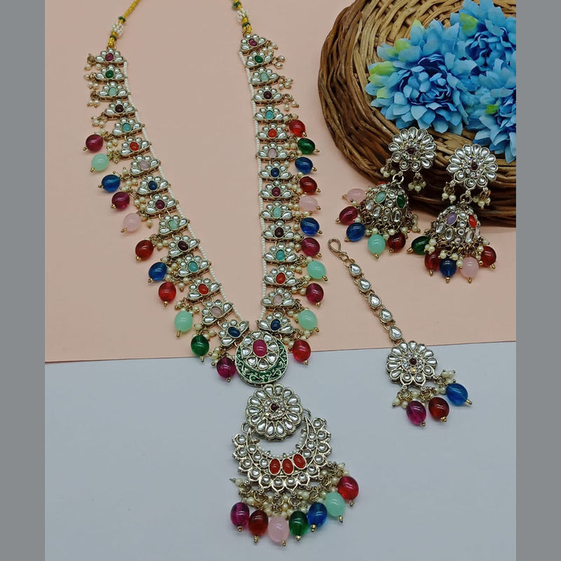 India Art Gold Plated Kundan Stone And Beads Long Necklace Set