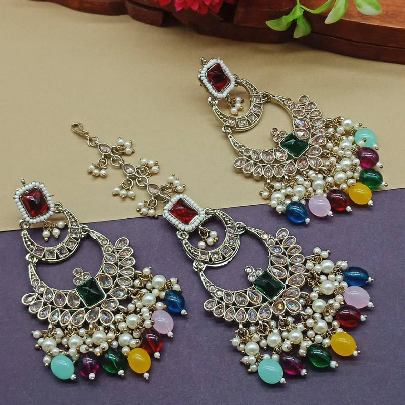 India Art Gold Plated Crystal Stone Earrings With Maangtikka