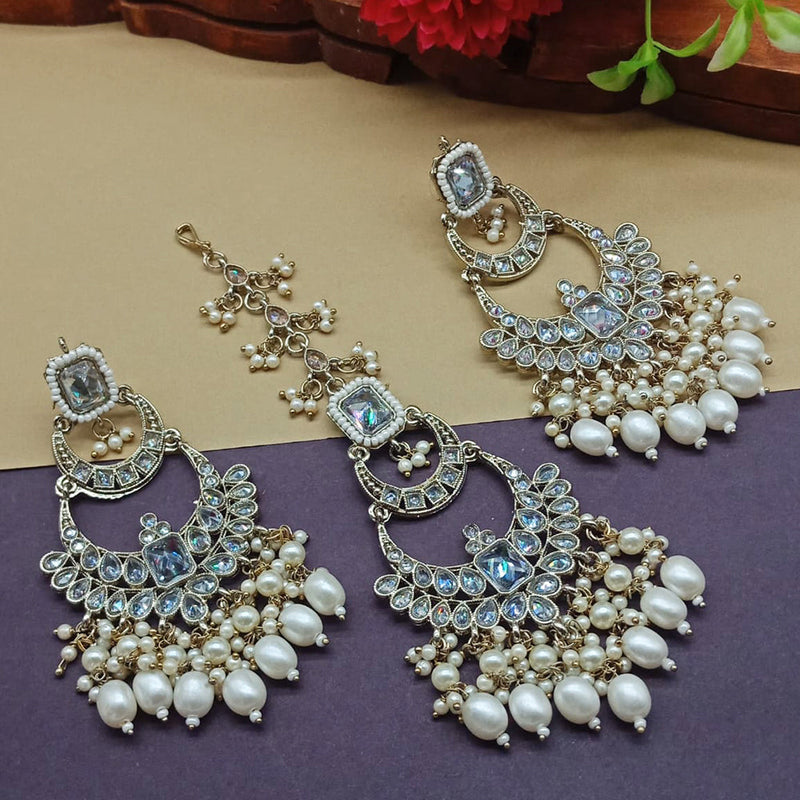 India Art Gold Plated Crystal Stone Earrings With Maangtikka