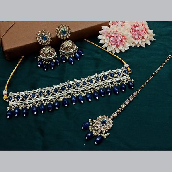 India Art Gold Plated Kundan Stone And Pearls Choker Necklace Set