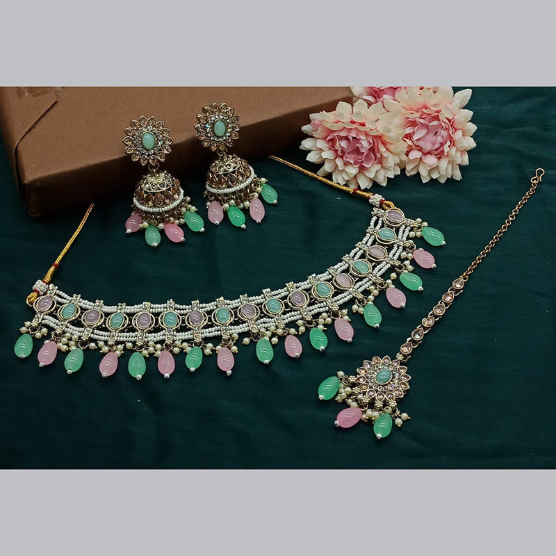 India Art Gold Plated Kundan Stone And Pearls Choker Necklace Set