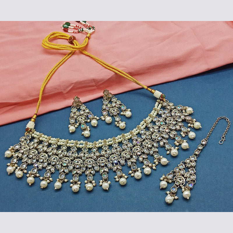 India Art Gold Plated Crystal Stone And Pearls Choker Necklace Set