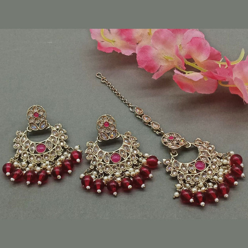 India Art Gold Plated Crystal Stone Earrings With Maangtikka