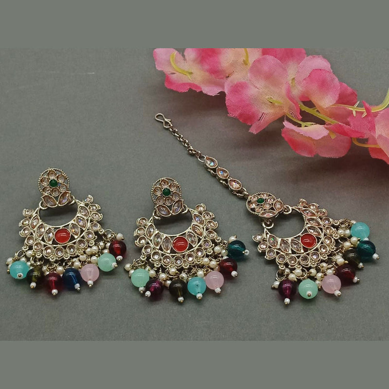 India Art Gold Plated Crystal Stone Earrings With Maangtikka