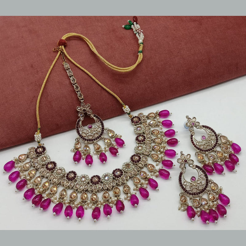 India Art Gold Plated Crystal Stone And Beads Necklace Set