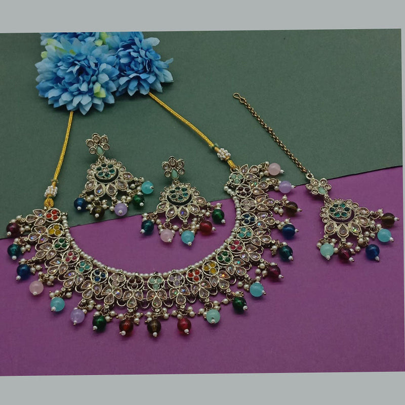 India Art Gold Plated Crystal Stone And Beads Necklace Set