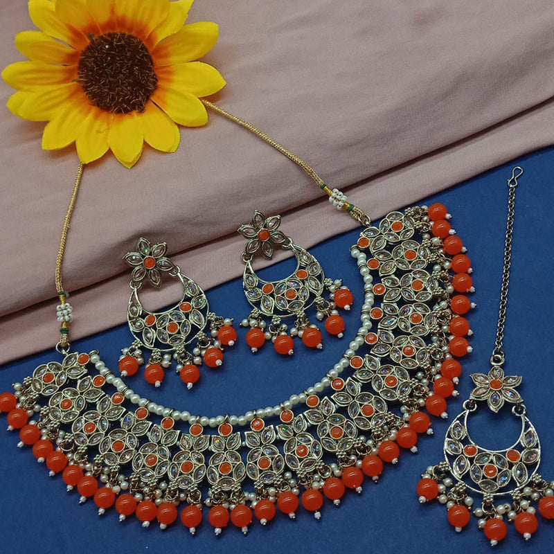 India Art Gold Plated Crystal Stone And Beads Necklace Set