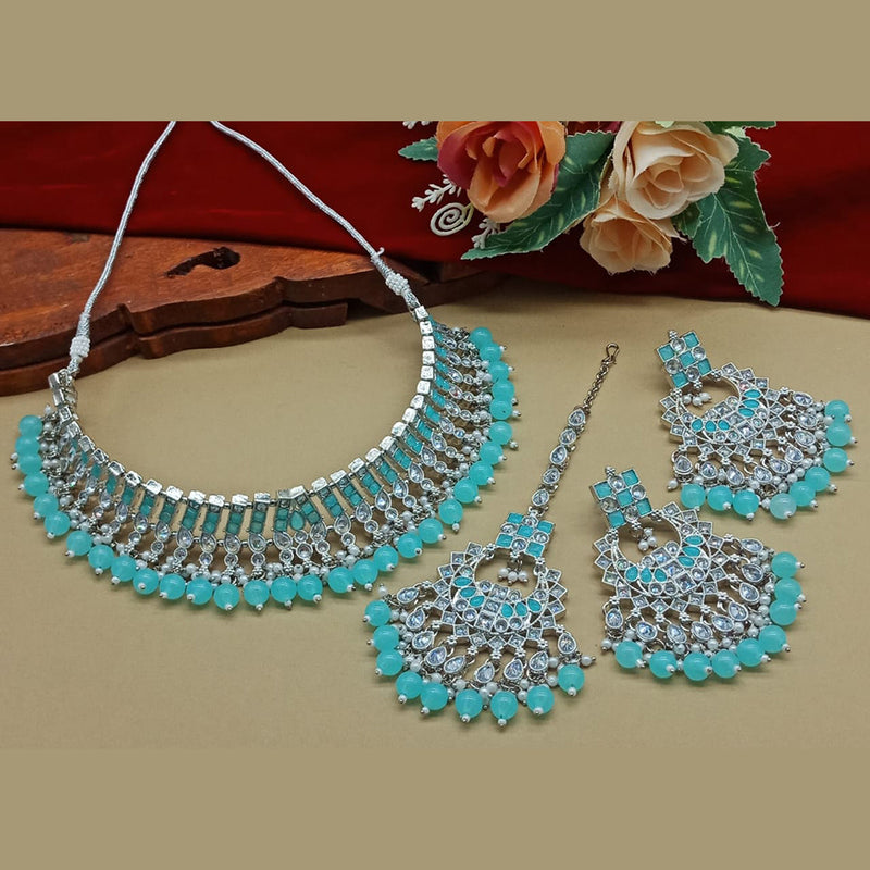 India Art Silver Plated Crystal Stone And Beads Necklace Set