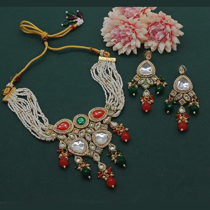 India Art Gold Plated Polki Kundan And Pearl Choker Necklace Set