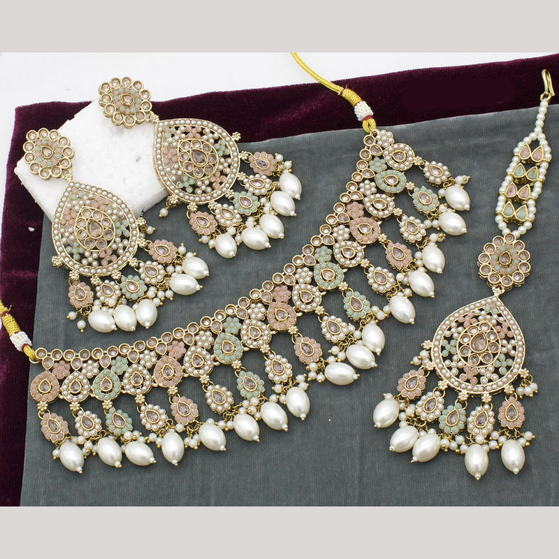 India Art Gold Plated Pota Stone And Pearl Necklace Set