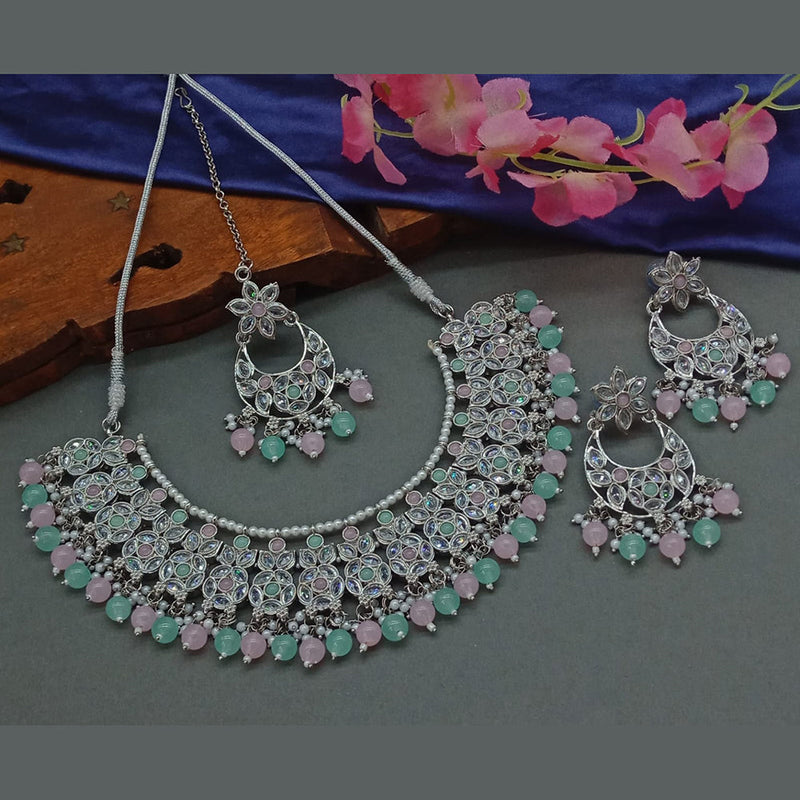 India Art Silver Plated Crystal Stone And Pearls Necklace Set