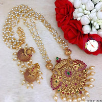 India Art Gold Plated Pota Stone And Pearls Long Necklace Set