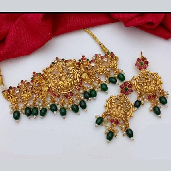 India Art Gold Plated Pota Stone And Beads Temple Choker Necklace Set