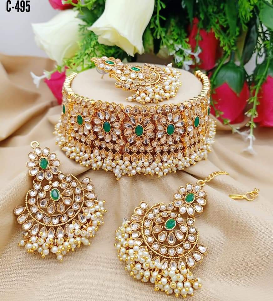 India Art Gold Plated Crystal Stone And Pearls Choker Necklace Set