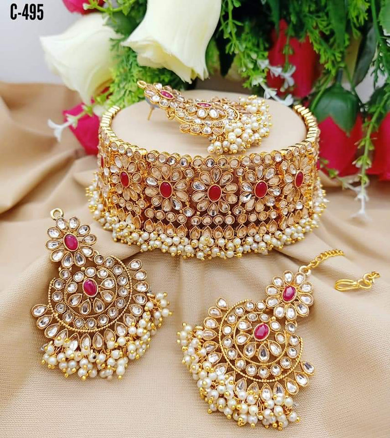 India Art Gold Plated Crystal Stone And Pearls Choker Necklace Set