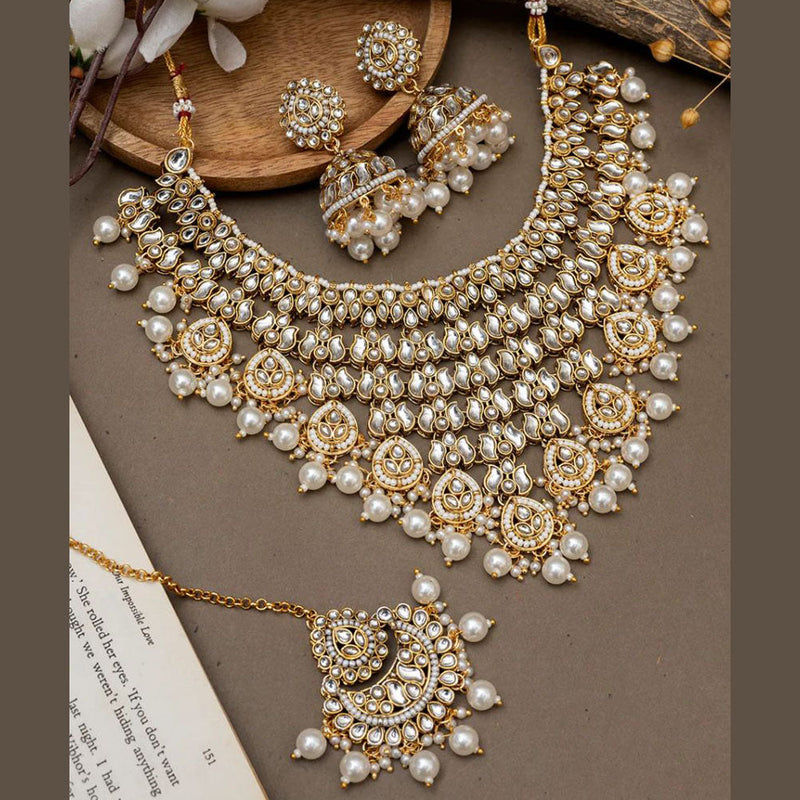 India Art Gold Plated Kundan Stone And Pearls Choker Necklace Set