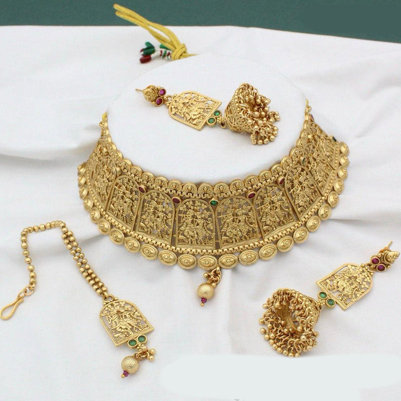 India Art Gold Plated Pota Stone And Beads Temple Choker Necklace Set