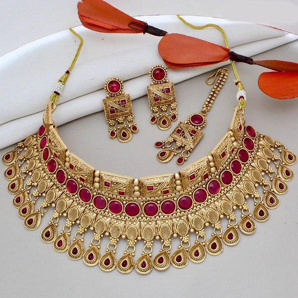 India Art Gold Plated Pota Stone And Beads Choker Necklace Set