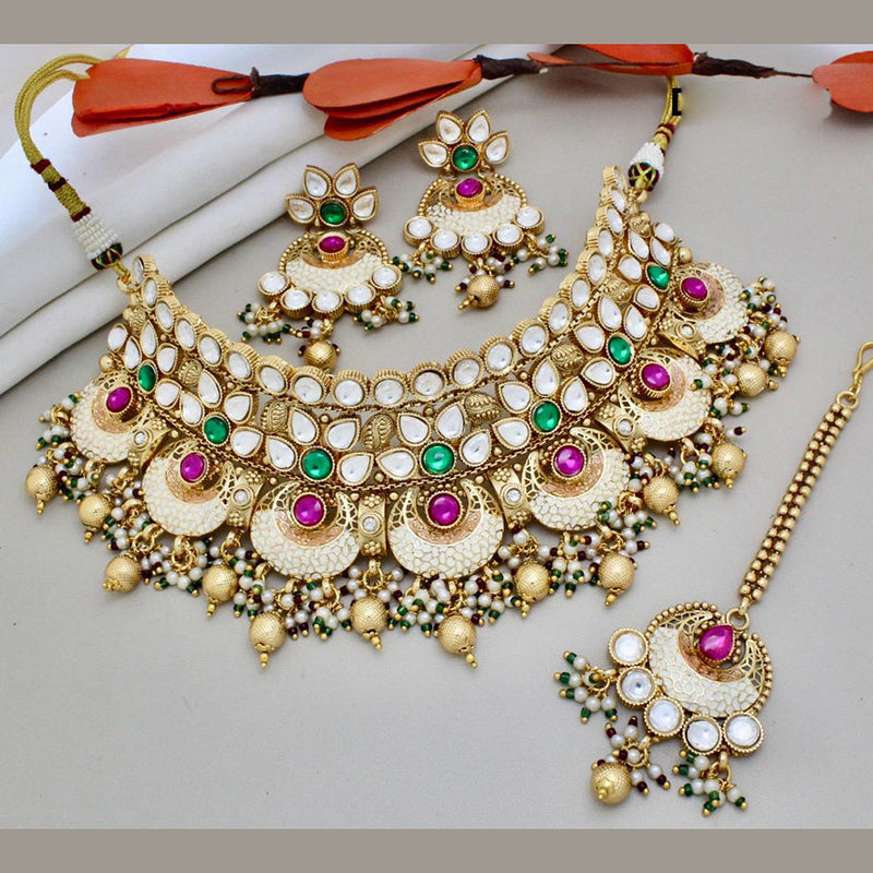 India Art Gold Plated Pota Stone And Beads Choker And Meenakari Necklace Set