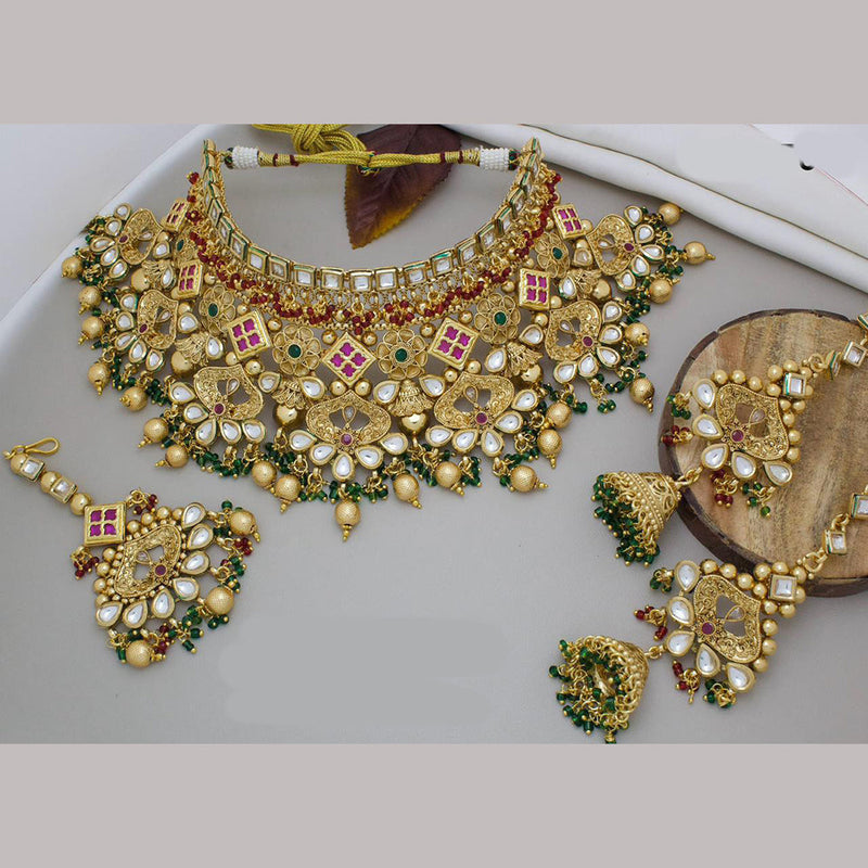 India Art Gold Plated Pota Stone And Beads Choker Necklace Set