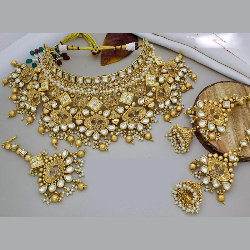 India Art Gold Plated Pota Stone And Beads Choker Necklace Set