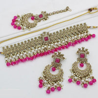 India Art Gold Plated Crystal Stone And Pearls Choker Necklace Set