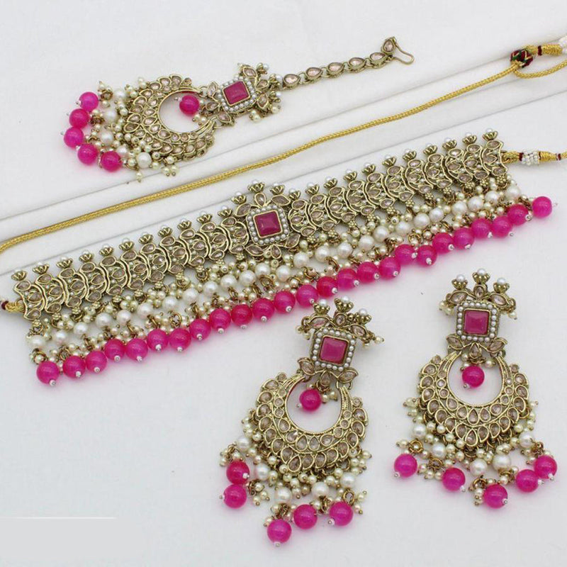 India Art Gold Plated Crystal Stone And Pearls Choker Necklace Set