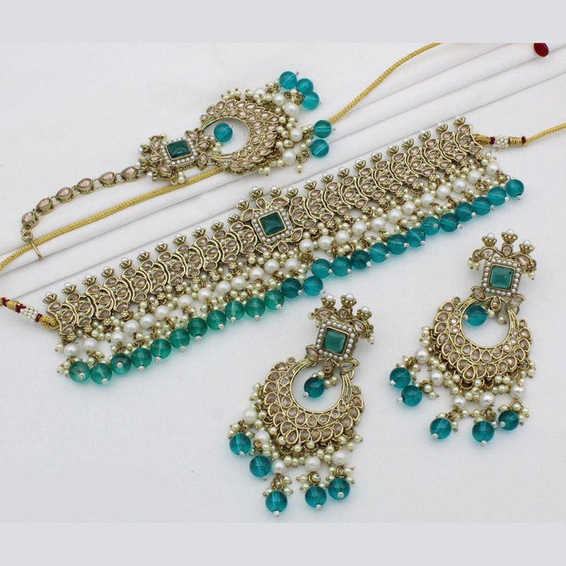 India Art Gold Plated Crystal Stone And Pearls Choker Necklace Set