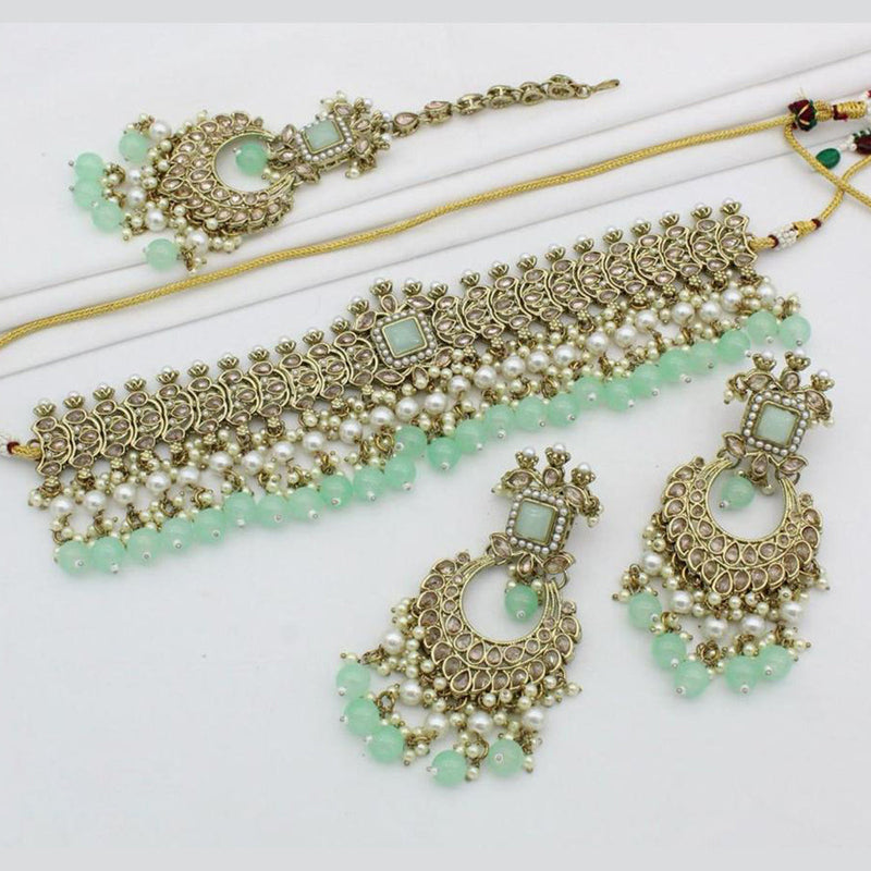 India Art Gold Plated Crystal Stone And Pearls Choker Necklace Set