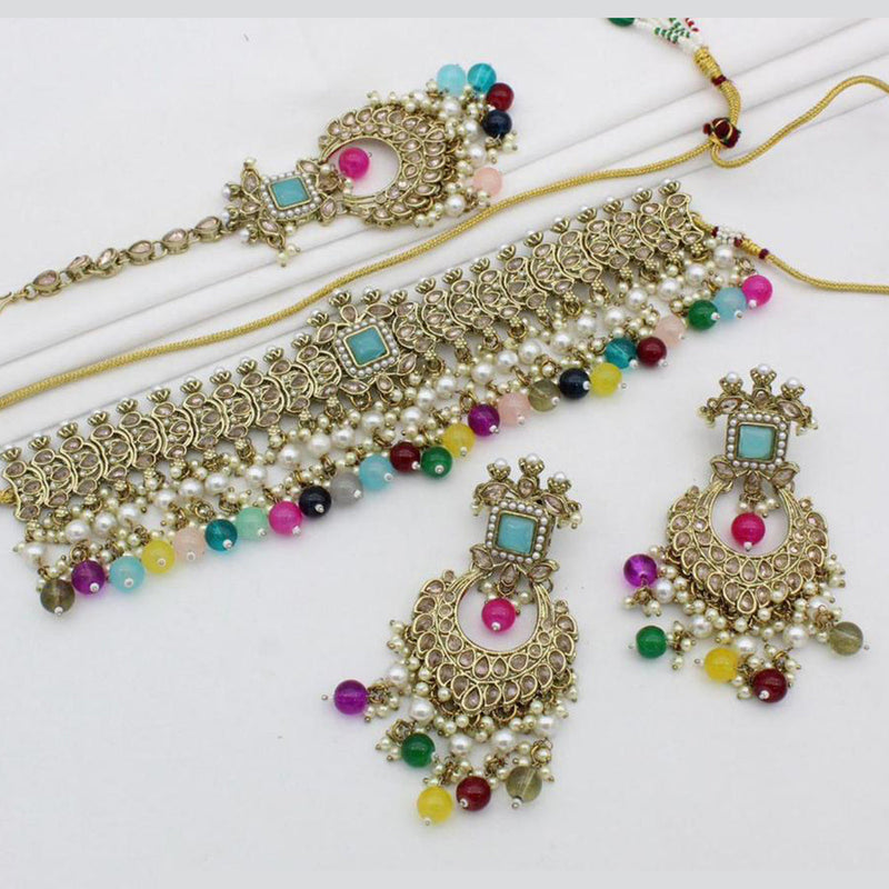 India Art Gold Plated Crystal Stone And Pearls Choker Necklace Set