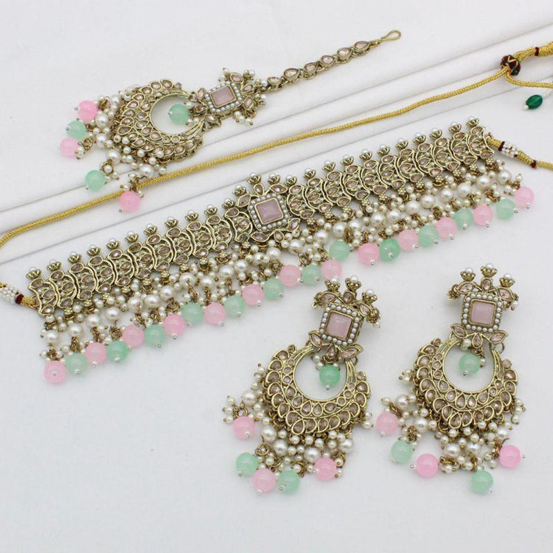 India Art Gold Plated Crystal Stone And Pearls Choker Necklace Set