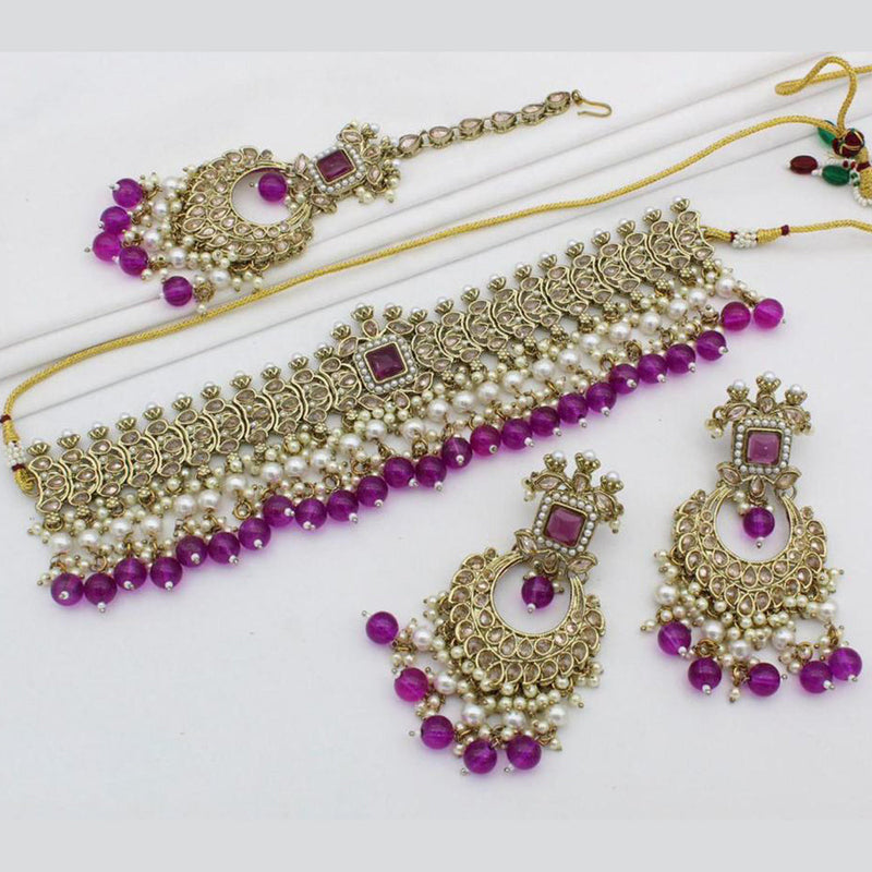 India Art Gold Plated Crystal Stone And Pearls Choker Necklace Set