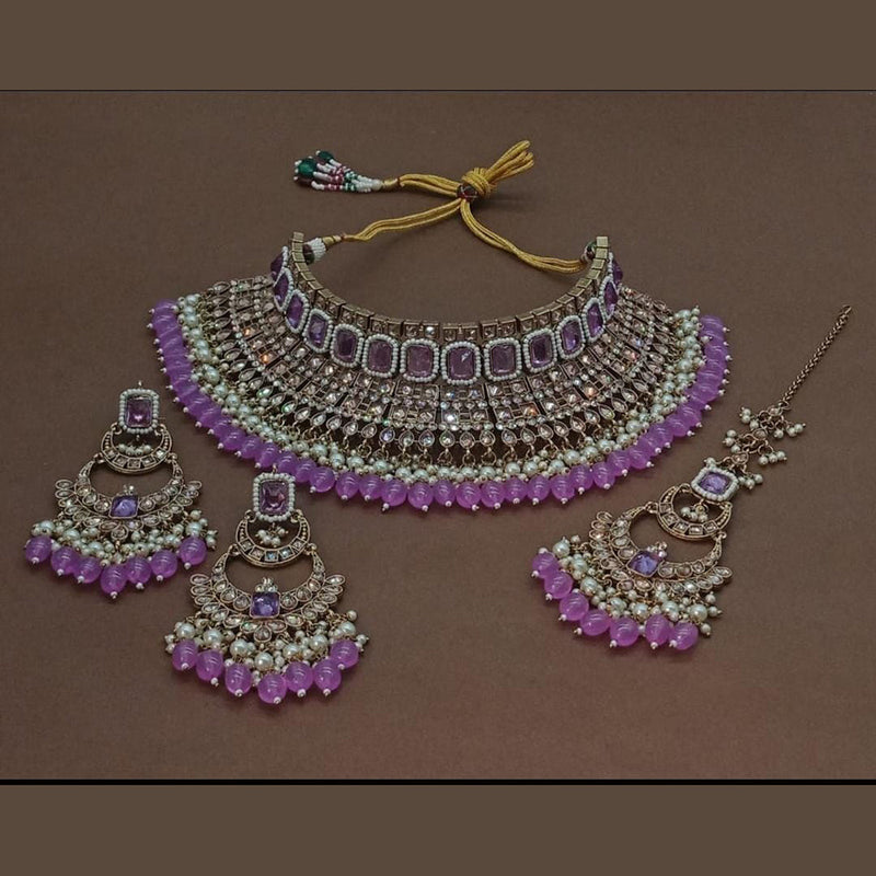 India Art Gold Plated Crystal Stone And Pearls Choker Necklace Set