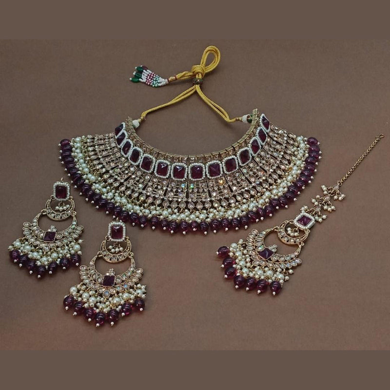 India Art Gold Plated Crystal Stone And Pearls Choker Necklace Set