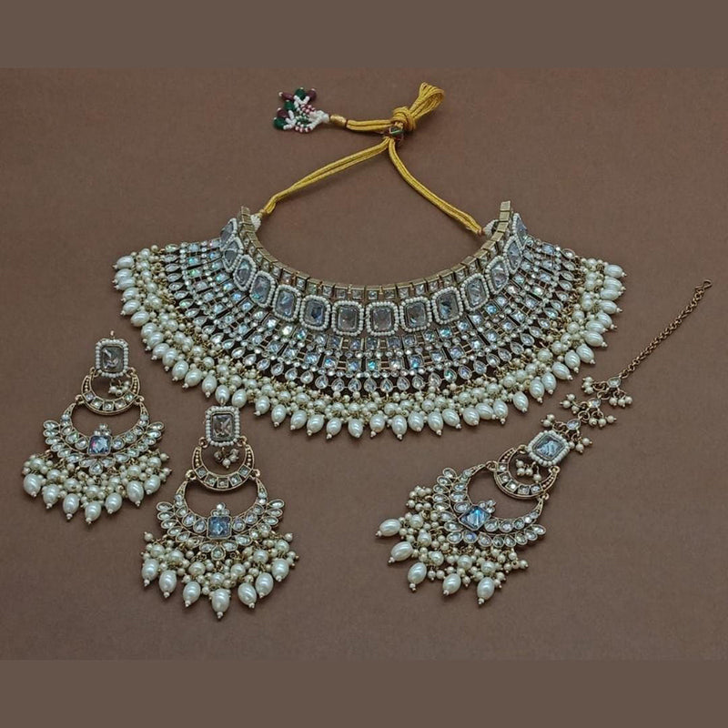 India Art Gold Plated Crystal Stone And Pearls Choker Necklace Set